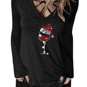 Christmas Santa Hat Wine Glass Criss Cross Vneck Shirt